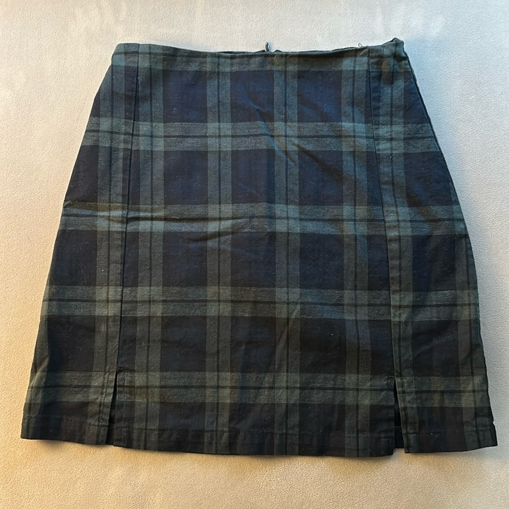 Brandy Melville Skirt Navy Forest Plaid Cotton Zip Front Slits Lined Like New OS